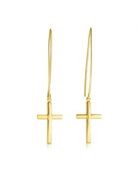14K Yellow Gold 10.6x51mm Shiny Square Tube Drop Cross Earrings, Euro Wire Clasp