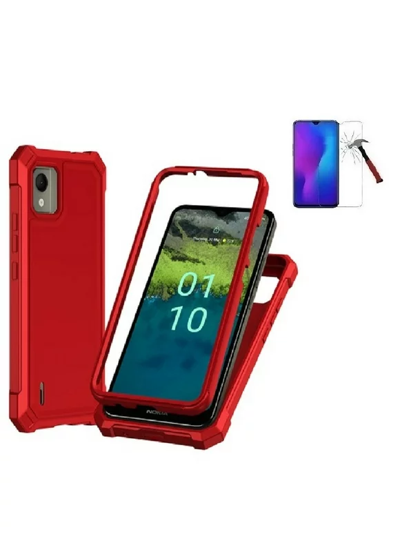 Phone Case for Nokia C110 (Straight Talk/ TracFone/Consumer Cellular),  Full Body  TPU Cover Case + Tempered Glass (Red)
