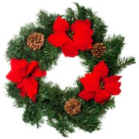 Christmas Wreath w/ Realistic Red Poinsettias & Natural pine cone decoration