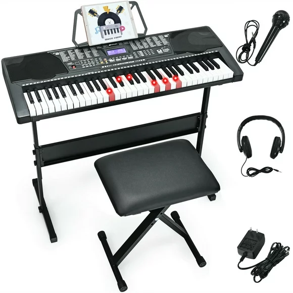 Gymax 61-Key Electronic Keyboard Piano w/Lighted Keys Stand Bench Headphone