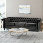 Noble House Conrado Tufted Chesterfield Velvet 3 Seater Sofa, Black and Dark Brown