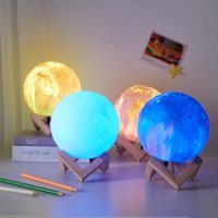 Urban Shop 3D Print Color Changing Moon Lamp with Wood Stand, remote control and USB Adaptor, 7.5'' x 5.5'', White