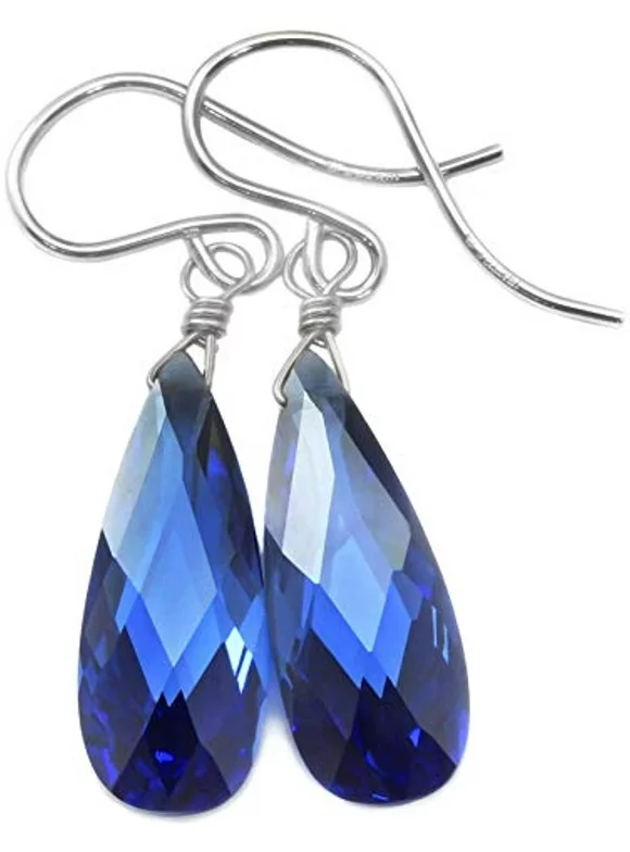 Sterling Silver Rich Blue Cubic Zirconia Earrings Long Faceted Teardrops Simulated Sapphire In Cz 1.4" Simple Daily Dangles Designed for Adult Women and Teen Girls