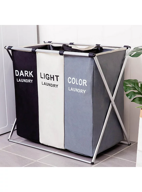 3 Compartment Canvas Laundry Hamper Sorter Basket Three Lattice Storage DARK & LIGHT & COLOR
