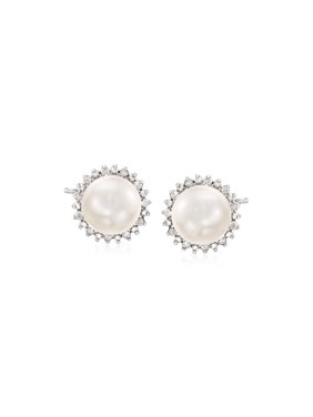 Ross-Simons 7-7.5mm Cultured Button Pearl and .13 ct. t.w. Diamond Stud Earrings in Sterling Silver