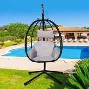 Egg Chair with Stand, Patio Resin Wicker Hanging Egg Chair with Gray Cushion and Headrest Pillow, Heavy Duty Steel Frame Outdoor Furniture Swing Chair, UV Resistant, Capacity of 264lbs, Q17102