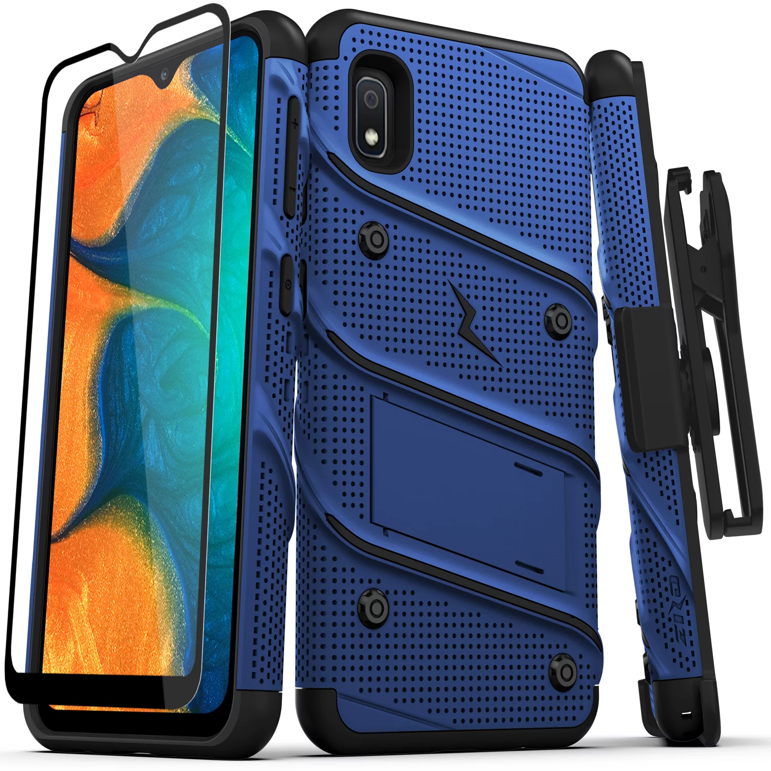 ZIZO BOLT Series for Samsung Galaxy A10e Case | Heavy-duty Military-grade Drop Protection w/ Kickstand Included Belt Clip Holster Tempered Glass Lanyard (Blue/Black)