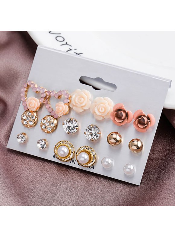 9 Pairs/Set Korean Style Zircon Flower Stud Earrings Set Crystal Earrings For Women Girl Fashion Jewelry Gift