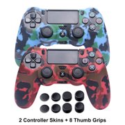 PS4 Controller Skins - Silicone Covers for DualShock 4 - Water Printed Protector Case Set for Sony PS4, PS4 Slim, PS4 Pro - 2 Pack Camo PS4 Accessories- 4 Pairs PS4 Thumb Grips - Red & Blue
