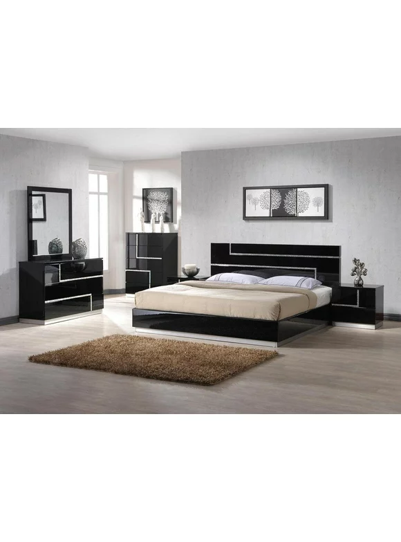 Black Lacquer With Crystal Accents Queen Bedroom Set 3Pc Modern J&M Lucca Luxury