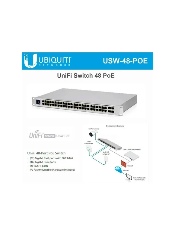 The USW-48-PoE is a configurable Gigabit Layer 2 switch with 48 Gigabit Ethernet ports including 32 auto-sensing 802.3at PoE+ ports, and 4 SFP ports. It provides Gigabit PoE links to your RJ45 Eth...