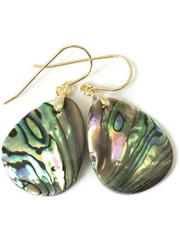 14k Yellow Gold Filled Mother of Pearl Abalone Shell Earrings Peacock Blue Goldtone Bail Simple Oval Drops Designed for Adult Women and Teen Girls