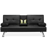 Best Choice Products Modern Linen Convertible Futon Sofa Bed w/ Metal Legs, 2 Cupholders