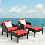 Costway 5 PCS Patio Rattan Wicker Furniture Set Sofa Ottoman with Red Cushion Garden Yard