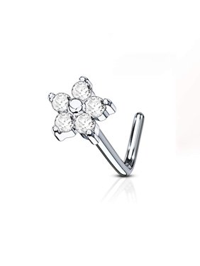 MoBody 20 Gauge Nose Ring Stud L-Shape 5 CZ Flower 316L Surgical Steel Body Piercing Jewelry (0.8mm) (Silver-Tone)