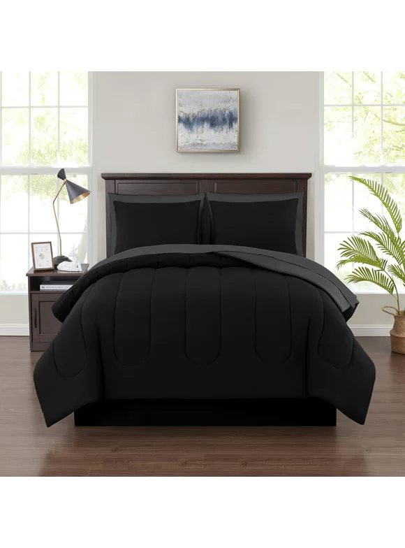Mainstays Black 8 Piece Bed in a Bag Comforter Set With Sheets, Queen