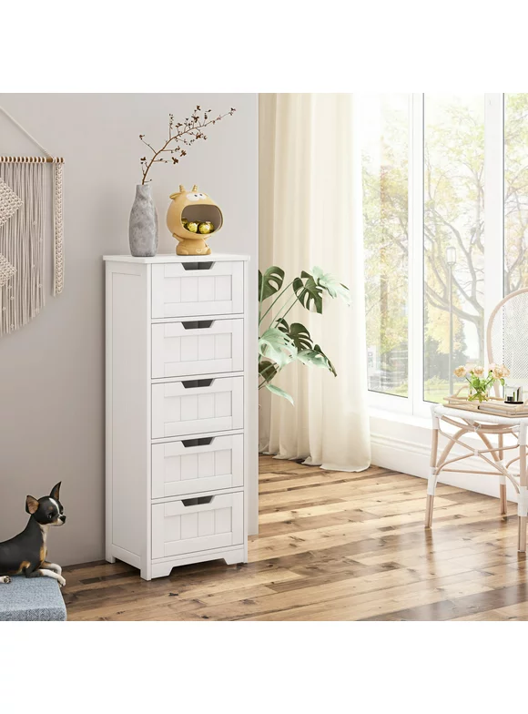 Homfa 5-Drawer Dresser for Bedroom, Wooden Bathroom Linen Cabinet, White Finish