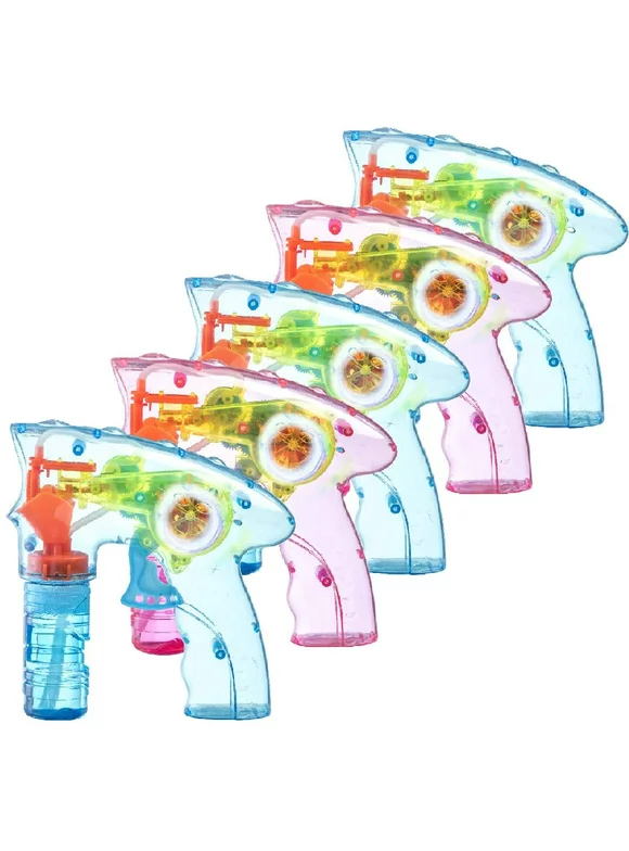 Prextex 5 Pack of Wind Up Bubble Gun Blaster LED Light Up Bubble Blower Indoor and Outdoor Toys for Kids Boys Girls (No Batteries Needed)