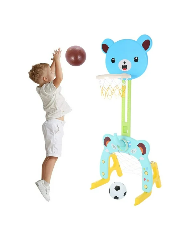Transer Height Adjustable Basketball Set Portable Basketball System Kids 3-in-1 Basketball Hoop Stand w/Basketball,Ring Toss,Soccer Best Gift For Baby Kids Boys Girls For Outdoor Play Sport
