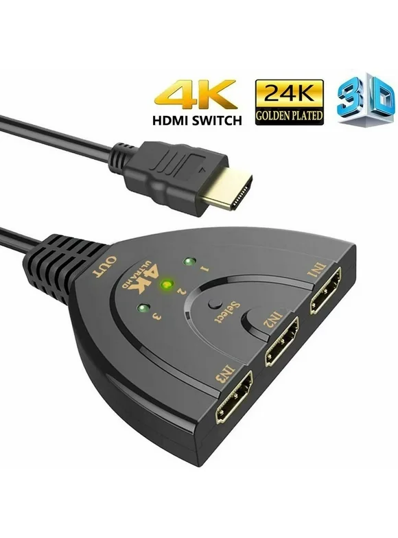 HDMI Switch, 3 Port 4K HDMI Switch 3 in 1 Out with High Speed Switch Splitter Pigtail Cable Supports Full HD 4K 1080P 3D Player