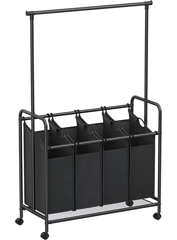 SONGMICS 4-Section Laundry Sorter Rolling Laundry Cart with Hanging Bar Laundry Organizer Black