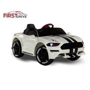 First Drive Mustang - 12V Power Battery Dual Motor Wheels- Kids Electric Ride-On Toy Car with Remote Control, MP3 Music Playback, Aux Cord, Premium Wheels, Rear Wheel Drive - White