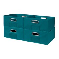Collapsible Home Storage Set of 4 Foldable Fabric Low Storage Bins- Teal