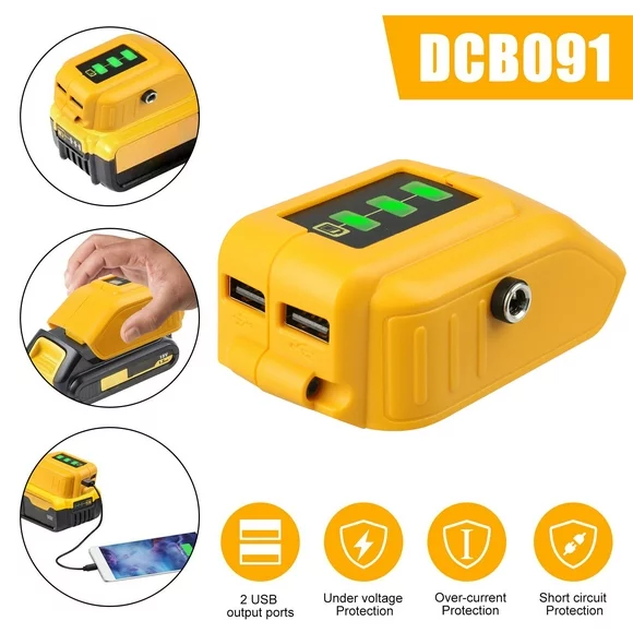 USB Power Source Charger Adapter, EEEkit Charger Converter Adapter Fit for Dewalt DCB091 Converters Lithium-Ion Battery, Fit for Dewalt 18V 20V Max with 2 USB Port, DC Port, and Bright LED Light