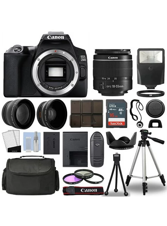 Canon EOS 250D / Rebel SL3 SLR Camera + 3 Lens Kit 18-55mm + 16GB + Flash & More