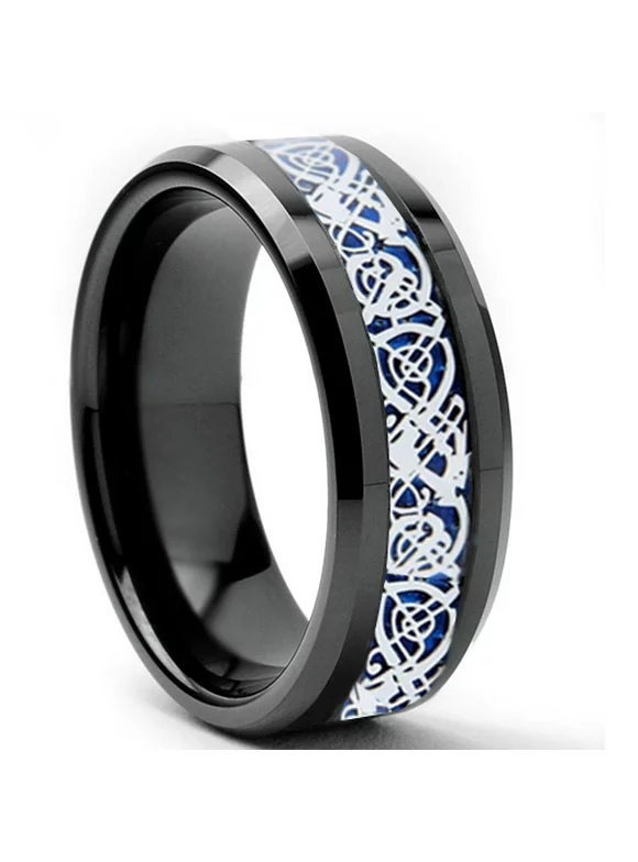 Tungsten Wedding Band Ring 8mm Men's Engagement Black & Silver Celtic Dragon Blue Carbon Fiber Inlay