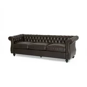 Noble House Aaniya Chesterfield Faux Leather Tufted Sofa with Scroll Arms, Brown