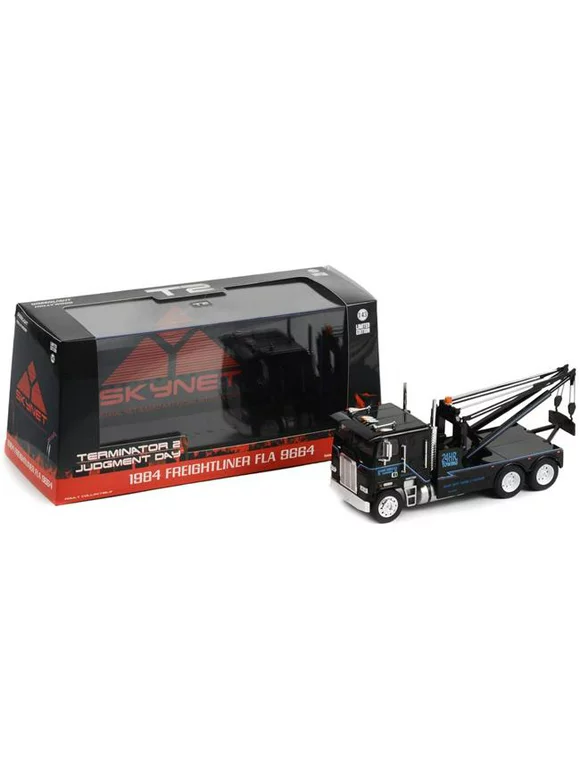 Greenlight 86627 1984 Freightliner FLA 9664 Tow Truck Black Road Ranger Towing Terminator 2 Judgment Day 1991 Movie 1-43 Diecast Model Car