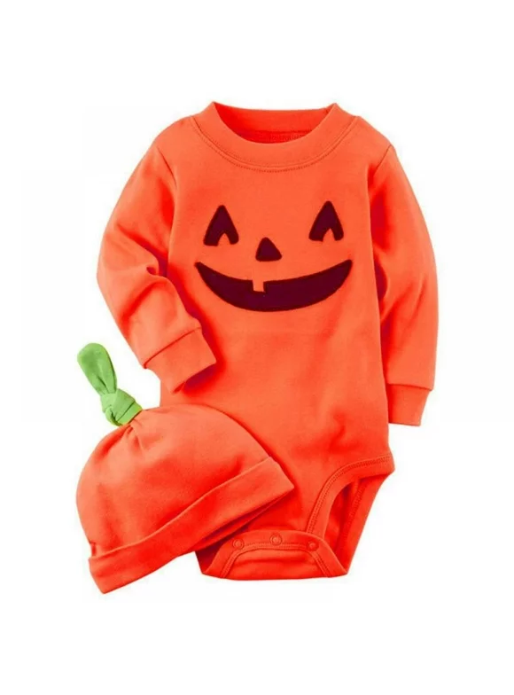 Newborn Baby Boys Girl Infant Pumpkin Jumpsuit + Hat Costume Bodysuit Outfit Set
