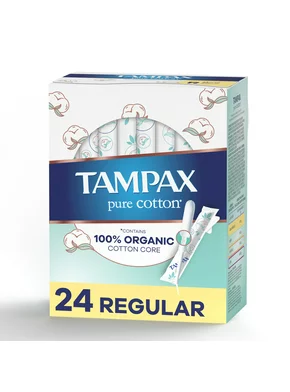 Tampax Pure Cotton Tampons, Contains 100% Organic Cotton Core, Regular Absorbency, 24 Ct, Unscented