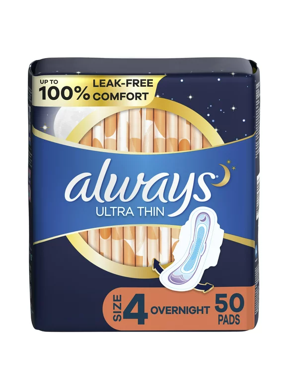 Always Ultra Thin Overnight Pads with Wings, Size 4, Overnight, 50 CT