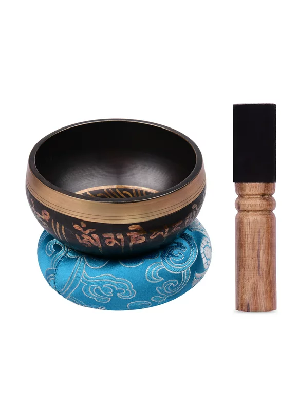 Muslady Tibetan Singing Bowl Set with 9.5cm/3.7inch Handmade Metal Sound Bowl & Soft Cushion(Random Color Delivery) & Wooden for Meditation Sound Chakra Healing Yoga Relaxation