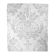 ASHLEIGH Throw Blanket Warm Cozy Print Flannel Damask in The of Baroque Gray and White Pattern Comfortable Soft for Bed Sofa and Couch 50x60 Inches