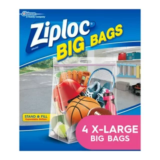 Ziploc Big Bags, X-Large, Secure Double Zipper, 4 ct, Expandable Bottom, Heavy-Duty Plastic, Built-In Handles, Flexible Shape to Fit Where Storage Boxes Can't