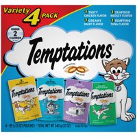 TEMPTATIONS Classic, Crunchy and Soft Cat Treats Feline Favorites Variety Pack, Seafood Medley Flavor, Tasty Chicken Flavor, Creamy Dairy Flavor, and Tempting Tuna Flavor, (4) 3 oz. Pouches