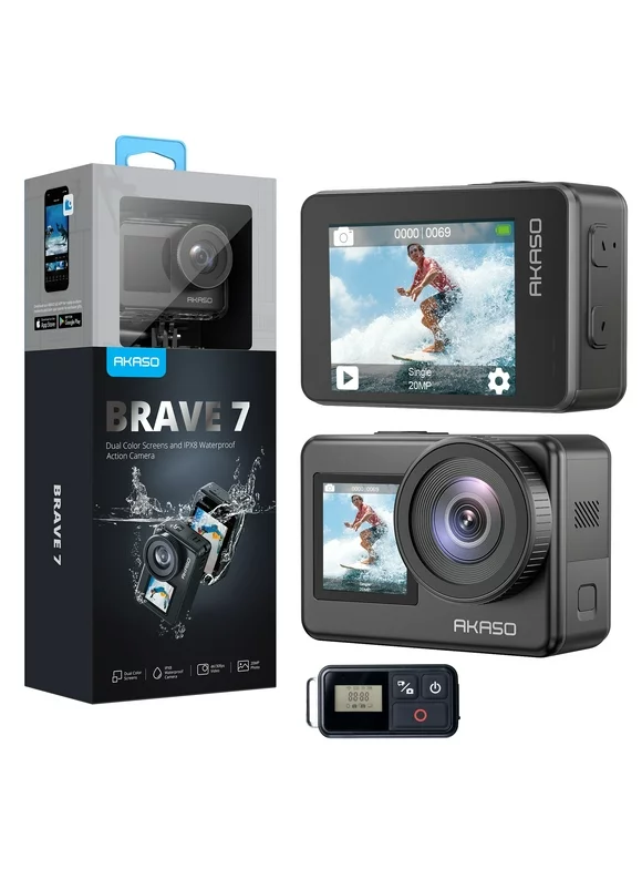 AKASO Brave 7 4K Action Camera with Touch Screen IPX8 33FT Waterproof Camera EIS 2.0 Zoom Support External Mic Voice Control with 2X 1350mAh Batteries