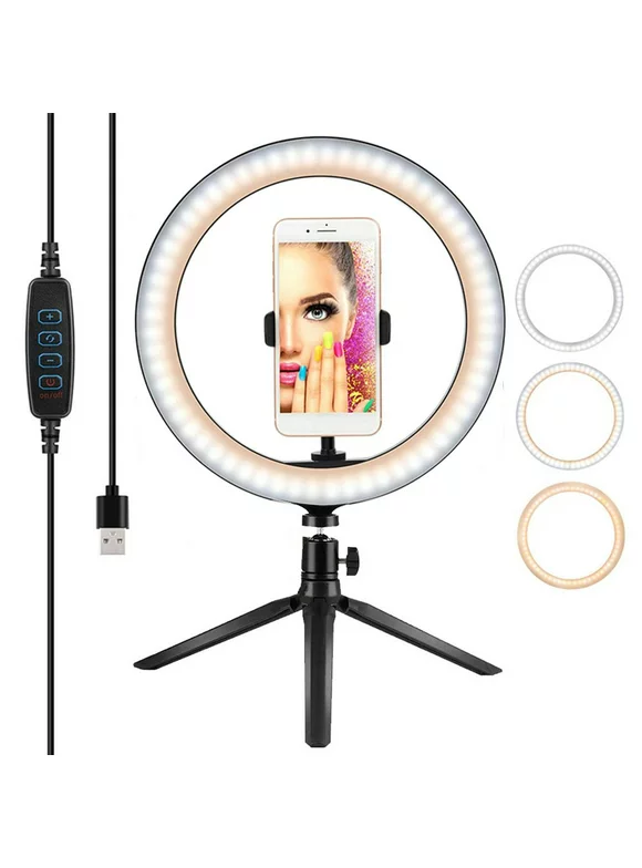 AmazingForLess 10-Inch Desktop Selfie Ring Light with Black Tripod Stand Dimmable Ringlight Circle Light LED Camera Lighting for Live Stream Make Up