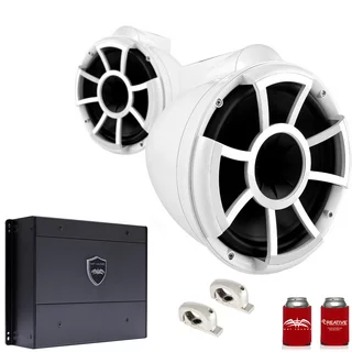 Wet Sounds REV10W-FMINI 10" White Tower Speakers with Stainless Steel Fixed MINI Clamps & SYN-DX4 800 Watt Amplifier