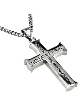 Philippians 4:13 Jewelry Cross Necklace STRENGTH Bible Verse Stainless Steel Curb Chain