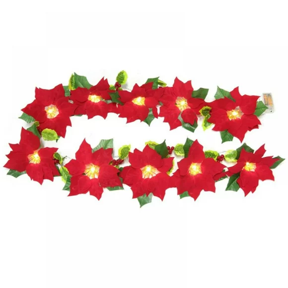 Topumt Pre-Lit Christmas Poinsettia Garland w/Red Berries and Holly Leaves,Xmas String Lights Decorations