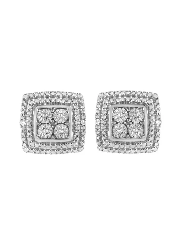 .925 Sterling Silver Diamond Accented Square Shaped Milgrain Stud Earrings (I-J Color, I3 Clarity)