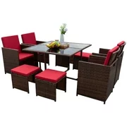 LACOO 9 Pieces Patio Dining Sets Outdoor Furniture Patio Wicker Rattan Chairs and Tempered Glass Table Sectional Set Conversation Set Cushioned with Ottoman, Red