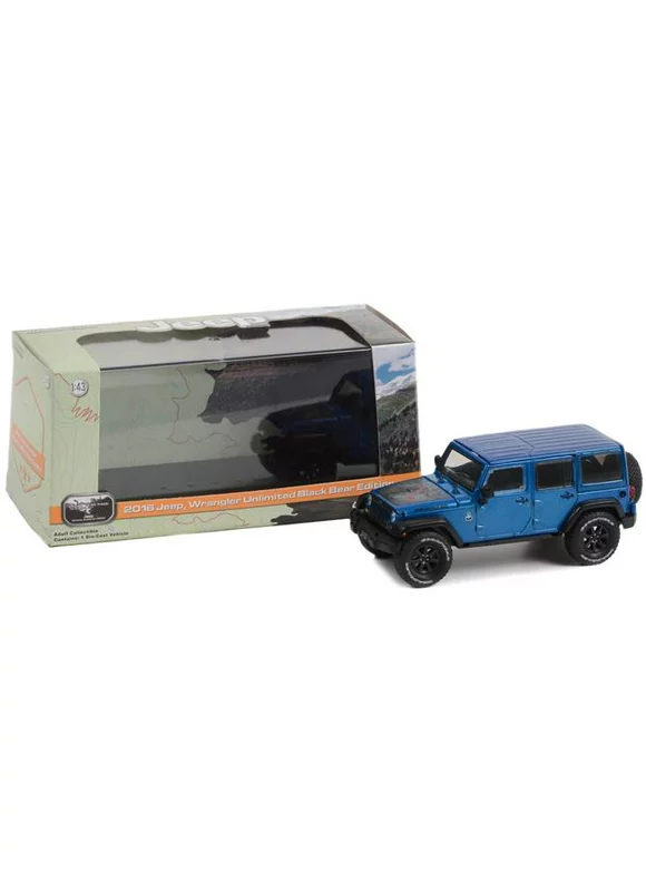 Greenlight 86198 2016 Jeep Wrangler Unlimited Black Bear Edition Hydro Jeep Official Badge of Honor Pass Telluride Colorado 1 by 43 Scale Diecast Model Car, Blue Pearl Metallic
