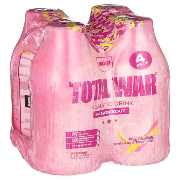 Redcon1 Total War Ready to Drink Pre-Workout , Pink Lemonade, 4-Pack