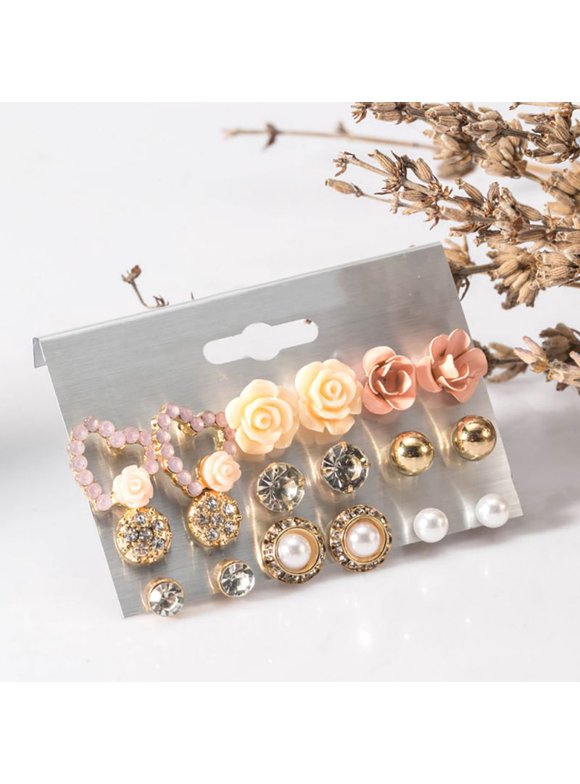 ZEDWELL 9 Pairs/Set Korean Style Zircon Flower Stud Earrings Set Crystal Earrings For Women Girl Fashion Jewelry Gift