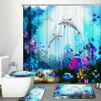4pcs Dolphin Shower Curtain with Bathroom Toilet Cover Mat Non-Slip Rug Set